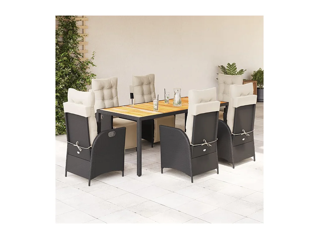 7 pcs conjunto de jantar p/ jardim c/ almofadões vime PE preto
