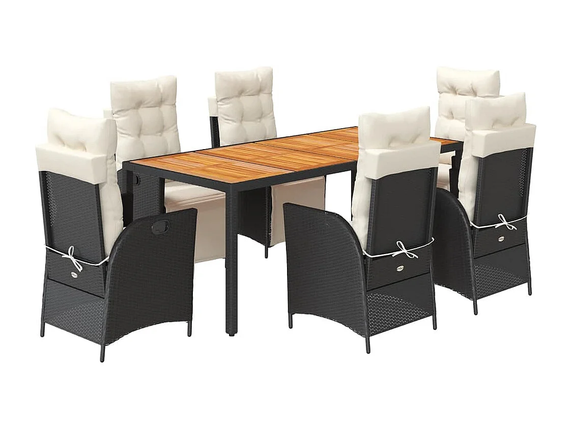 7-tlg. Garten-Essgruppe mit Kissen Schwarz Poly Rattan