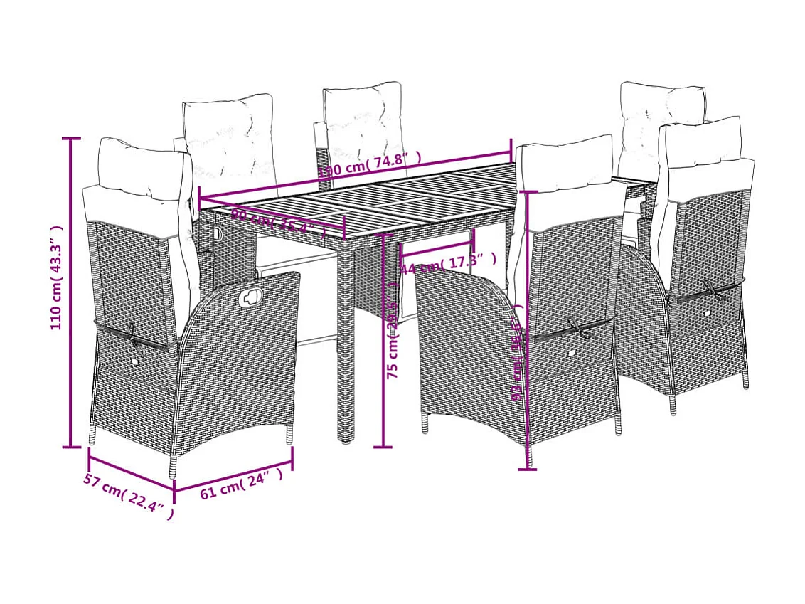 7-tlg. Garten-Essgruppe mit Kissen Schwarz Poly Rattan