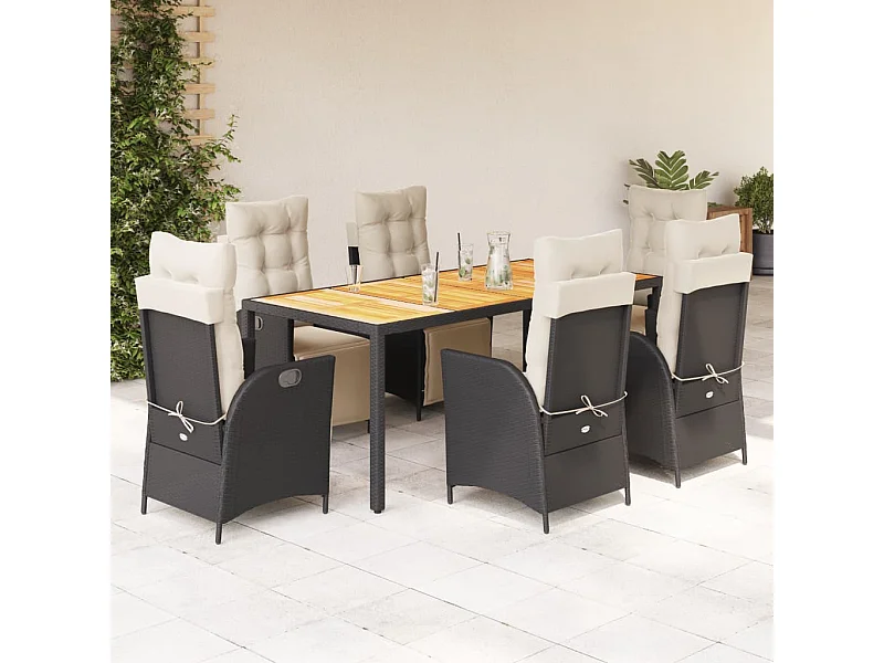 7-tlg. Garten-Essgruppe mit Kissen Schwarz Poly Rattan