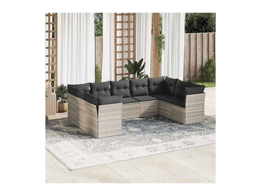 Set Divano da Giardino 9pz con Cuscini Grigio Chiaro Polyrattan