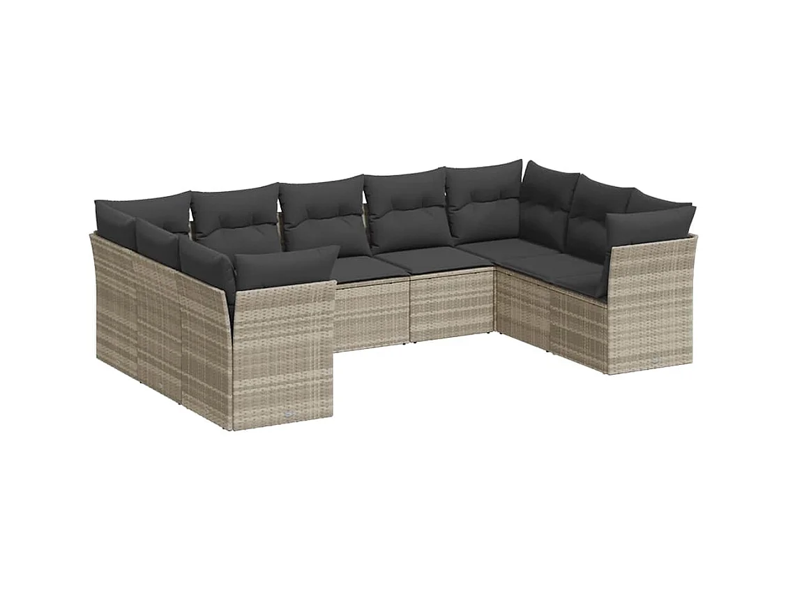 Set Divano da Giardino 9pz con Cuscini Grigio Chiaro Polyrattan