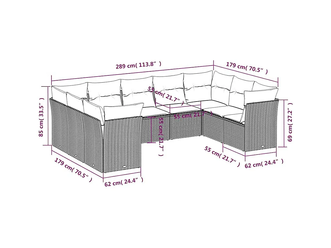 Set Divano da Giardino 9pz con Cuscini Grigio Chiaro Polyrattan
