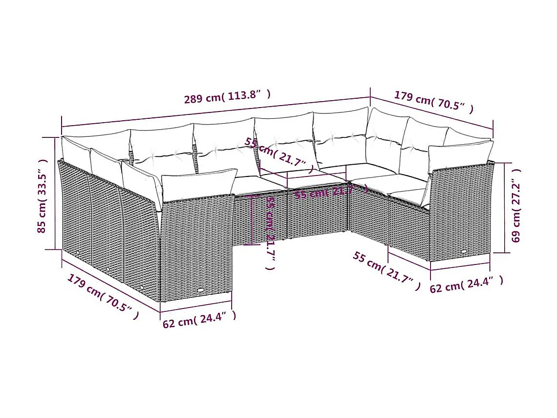 9-tlg. Garten-Sofagarnitur mit Kissen Hellgrau Poly Rattan