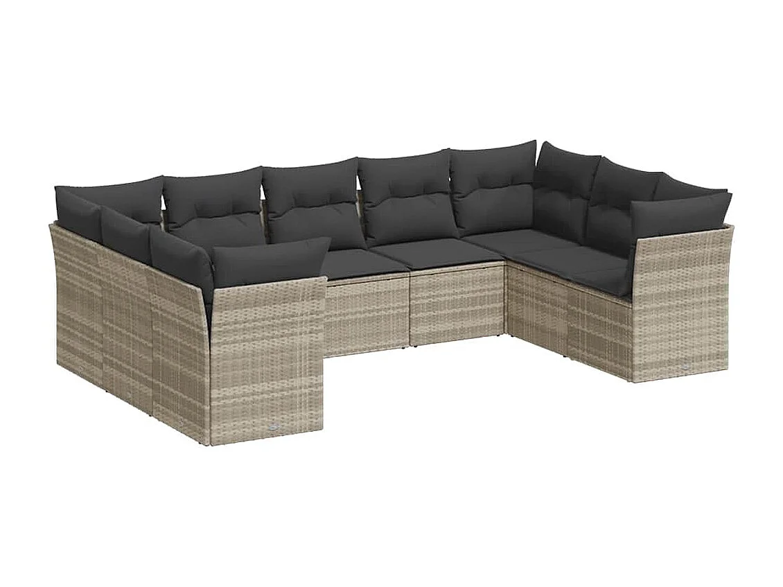 9-delige Loungeset met kussens poly rattan lichtgrijs