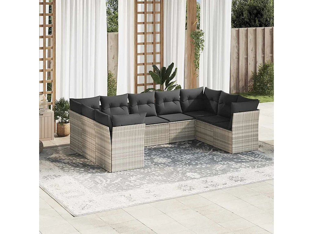 9-delige Loungeset met kussens poly rattan lichtgrijs