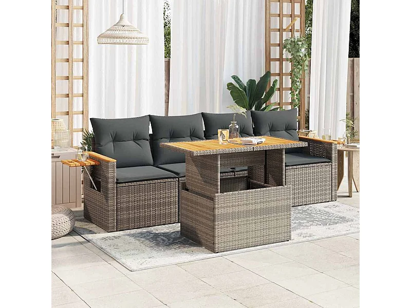 Set Divano Giardino 5 pz con Cuscini Grigio Polyrattan Acacia
