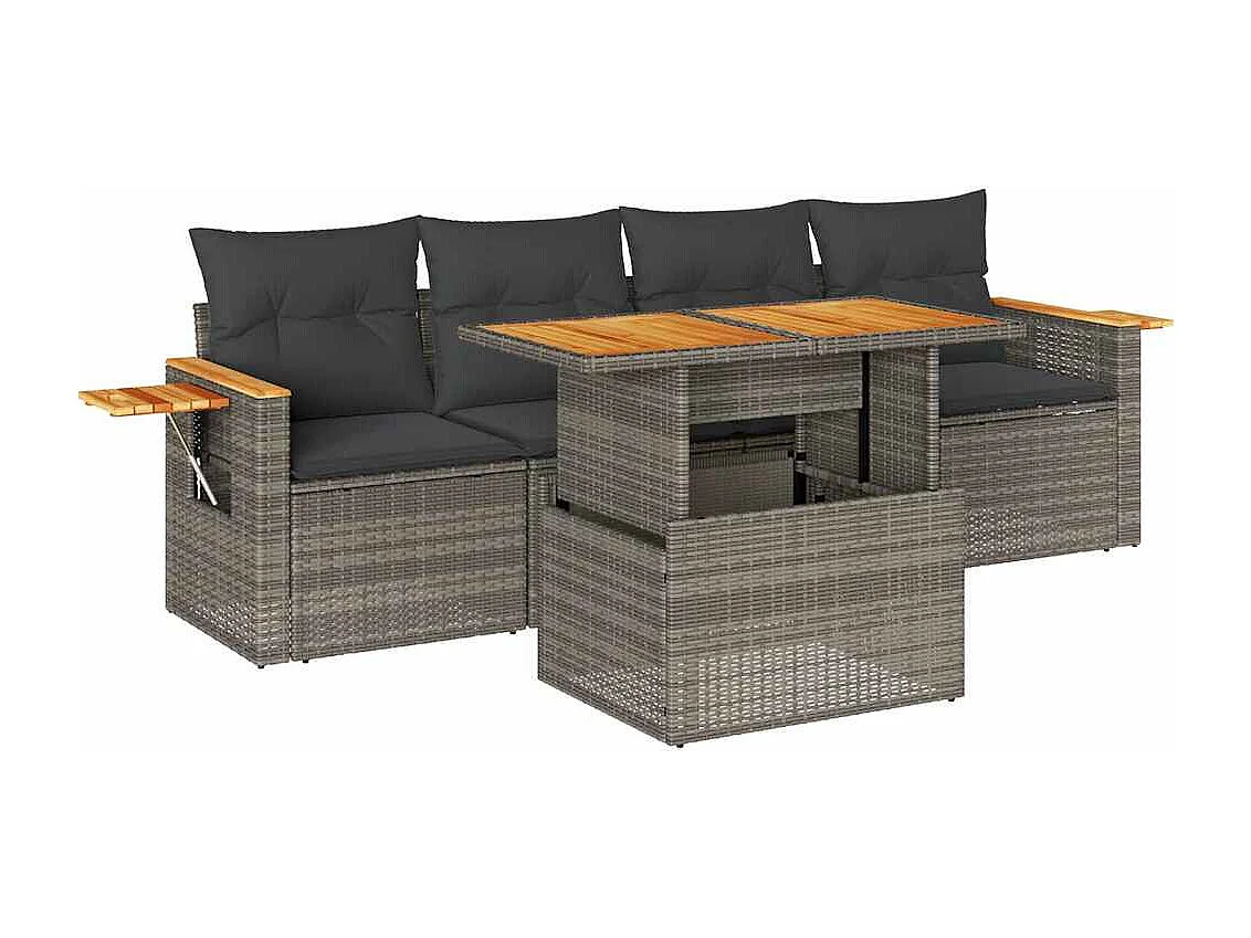 Salon de jardin 5 pcs avec coussins gris résine tressée acacia
