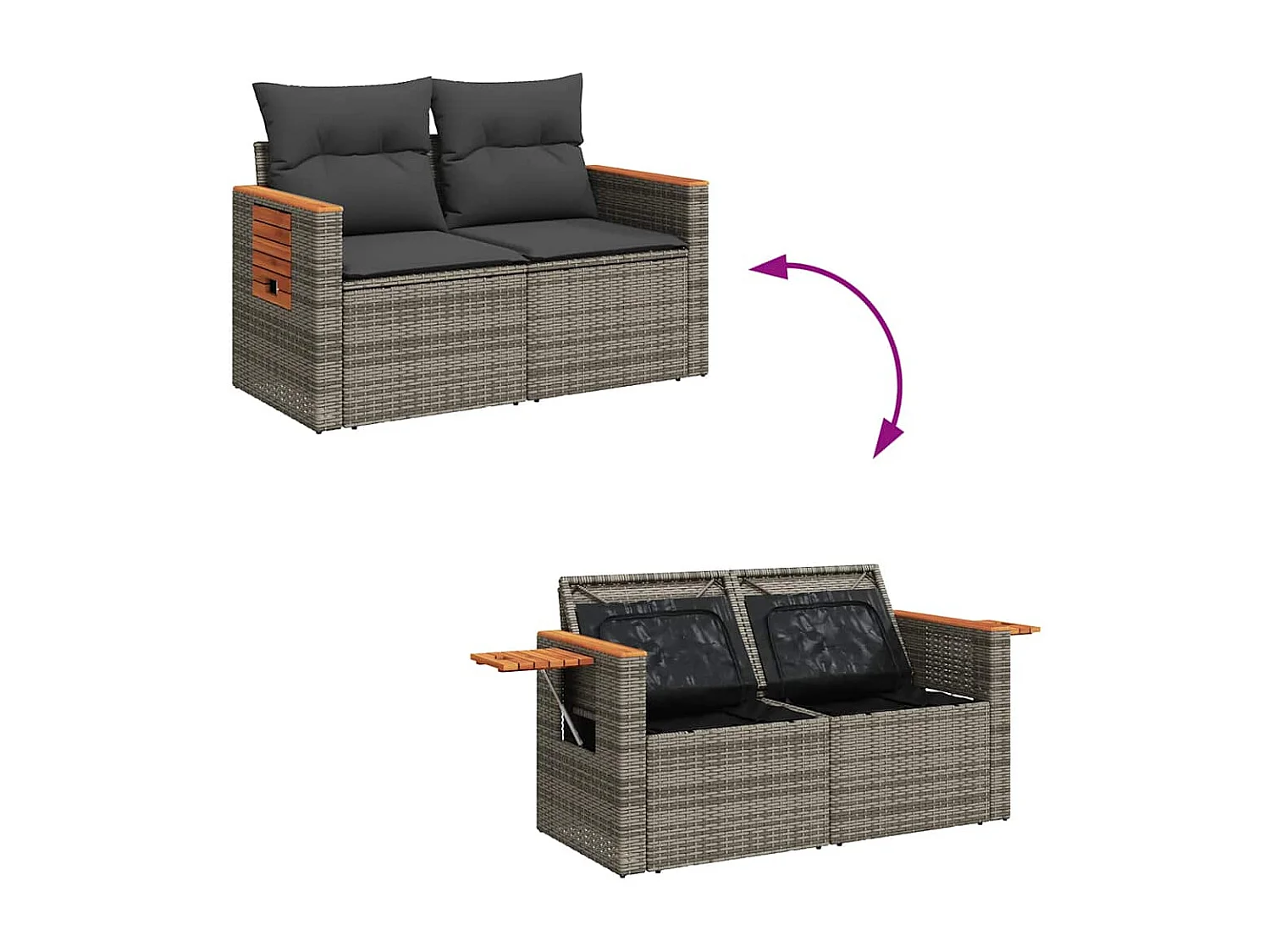 Salon de jardin 5 pcs avec coussins gris résine tressée acacia