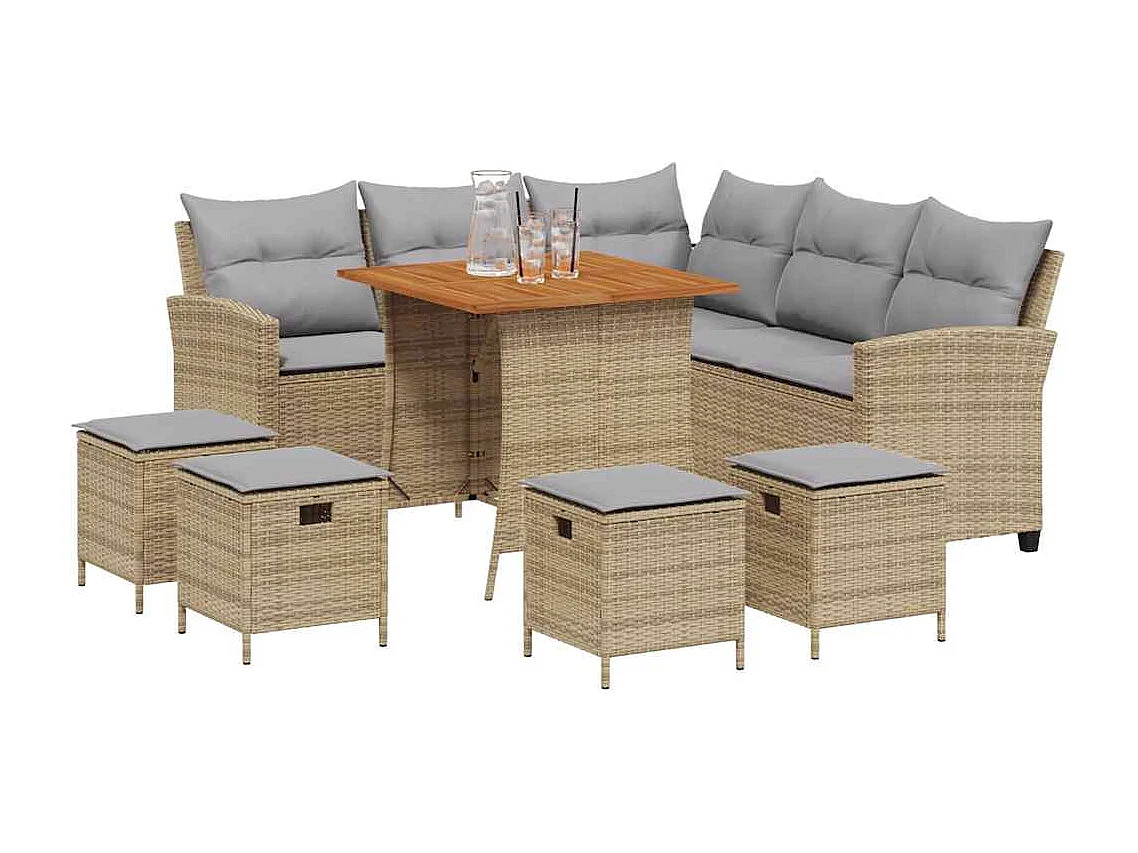 Conjunto de Sofás de Jardim em L com Almofadas - 6 Peças em Vime PE Bege