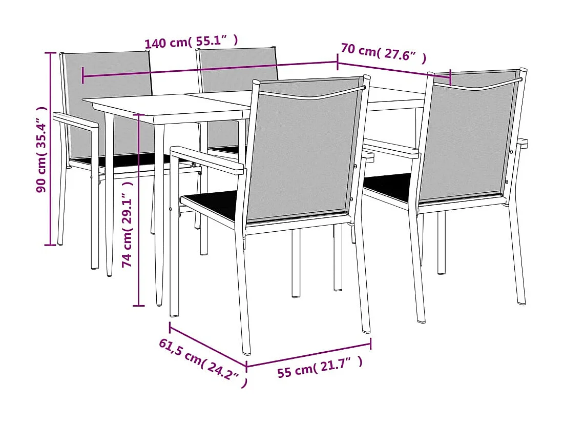 5-tlg. Garten-Essgruppe Schwarz Textilene und Stahl