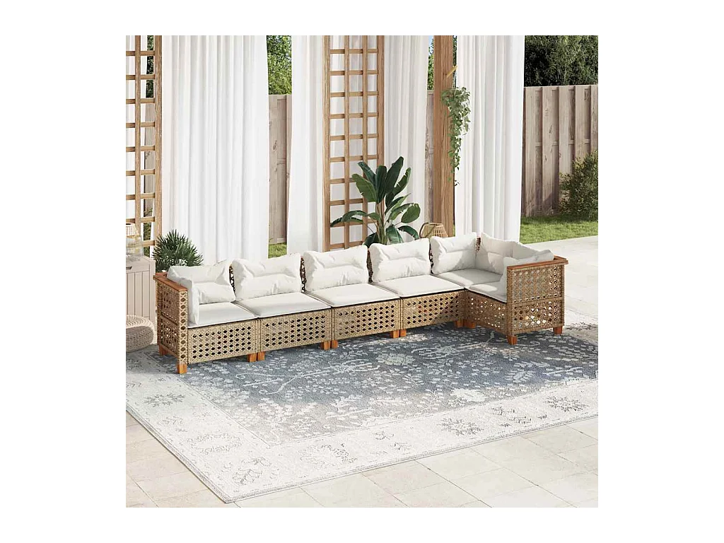 Set Divano da Giardino 6 pz con Cuscini Beige in Polyrattan