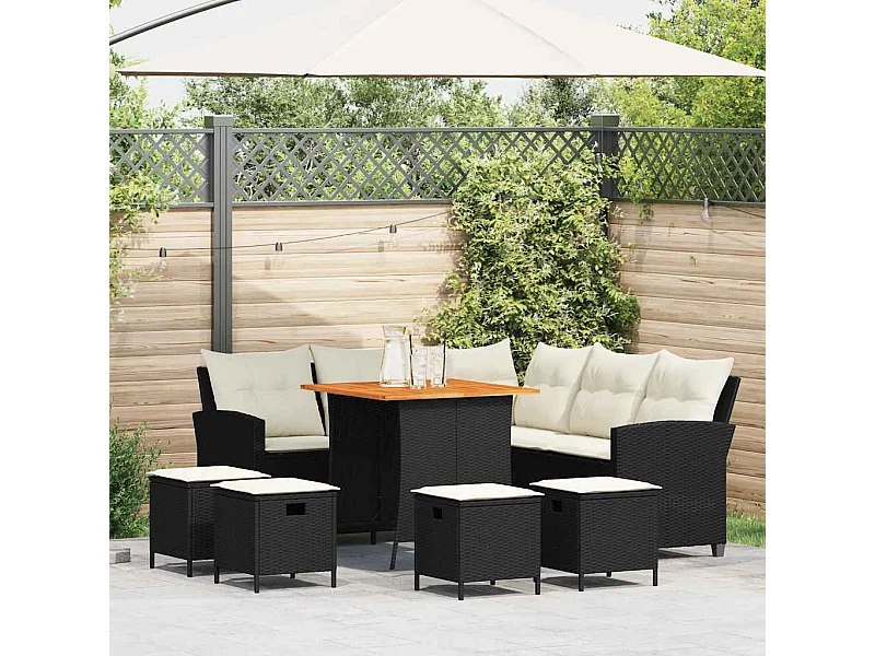 Set de sofás de jardín en forma de L con cojines 6 pzas negro