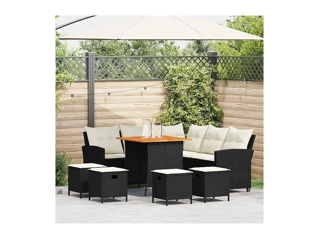 Set de sofás de jardín en forma de L con cojines 6 pzas negro