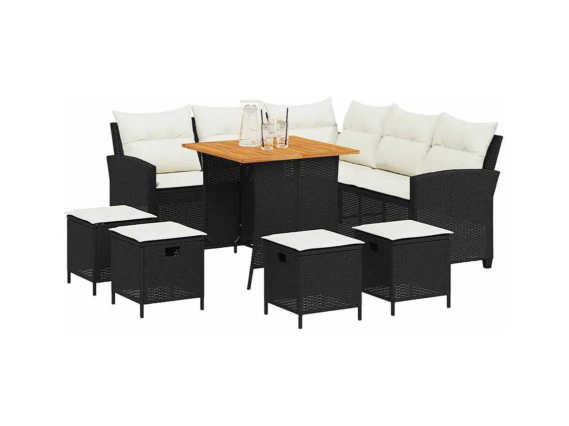 Set de sofás de jardín en forma de L con cojines 6 pzas negro