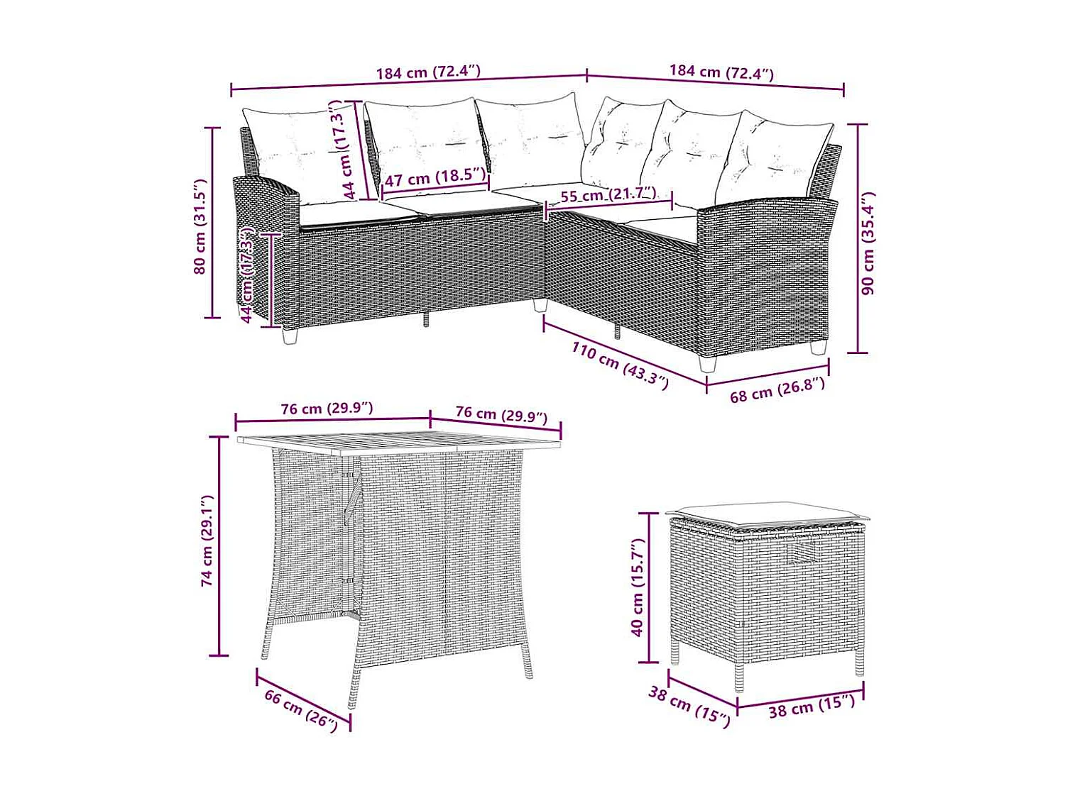 Set de sofás de jardín en forma de L con cojines 6 pzas negro