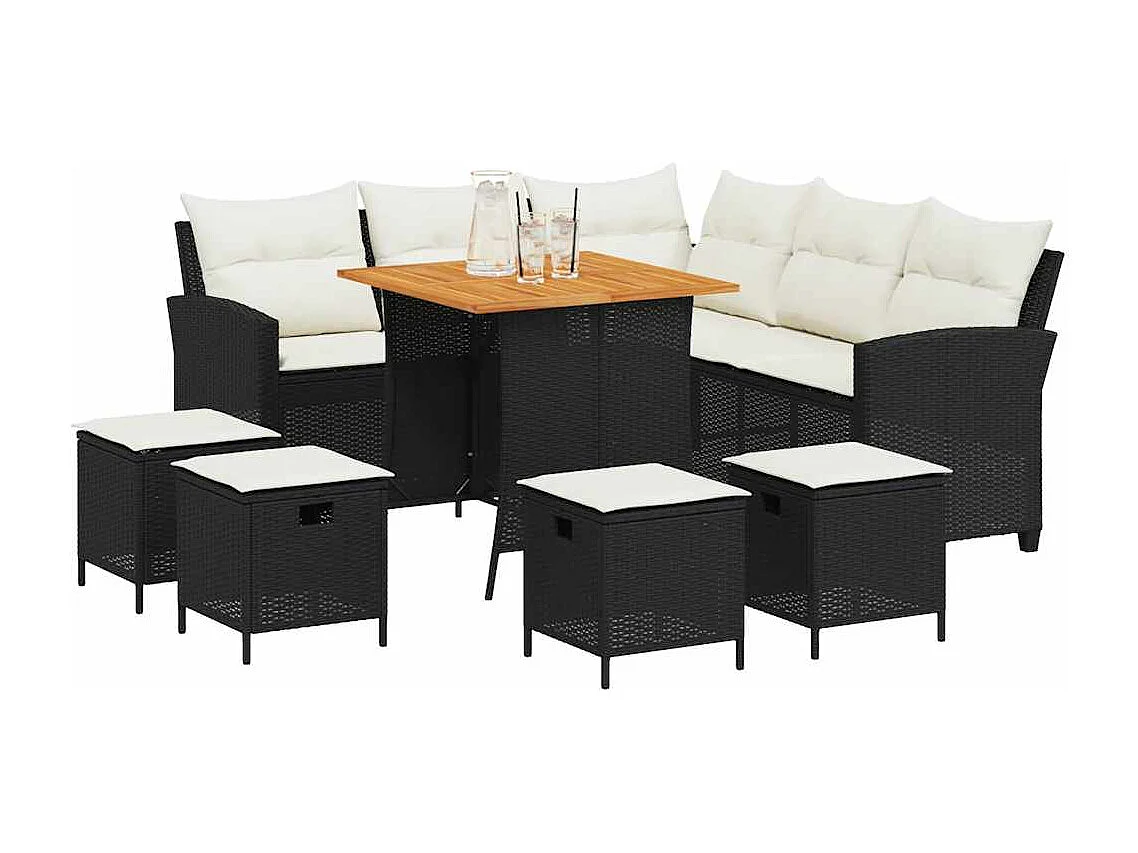 Conjunto de Sofás de Jardim em L com Almofadões - 6 Peças em Vime PE Preto