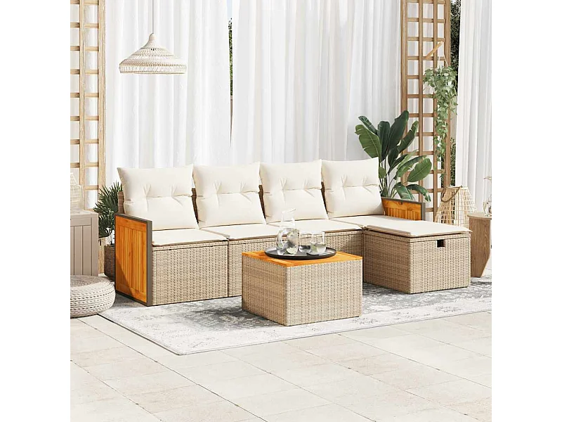 Set Divano da Giardino 6 pz con Cuscini Beige in Polyrattan