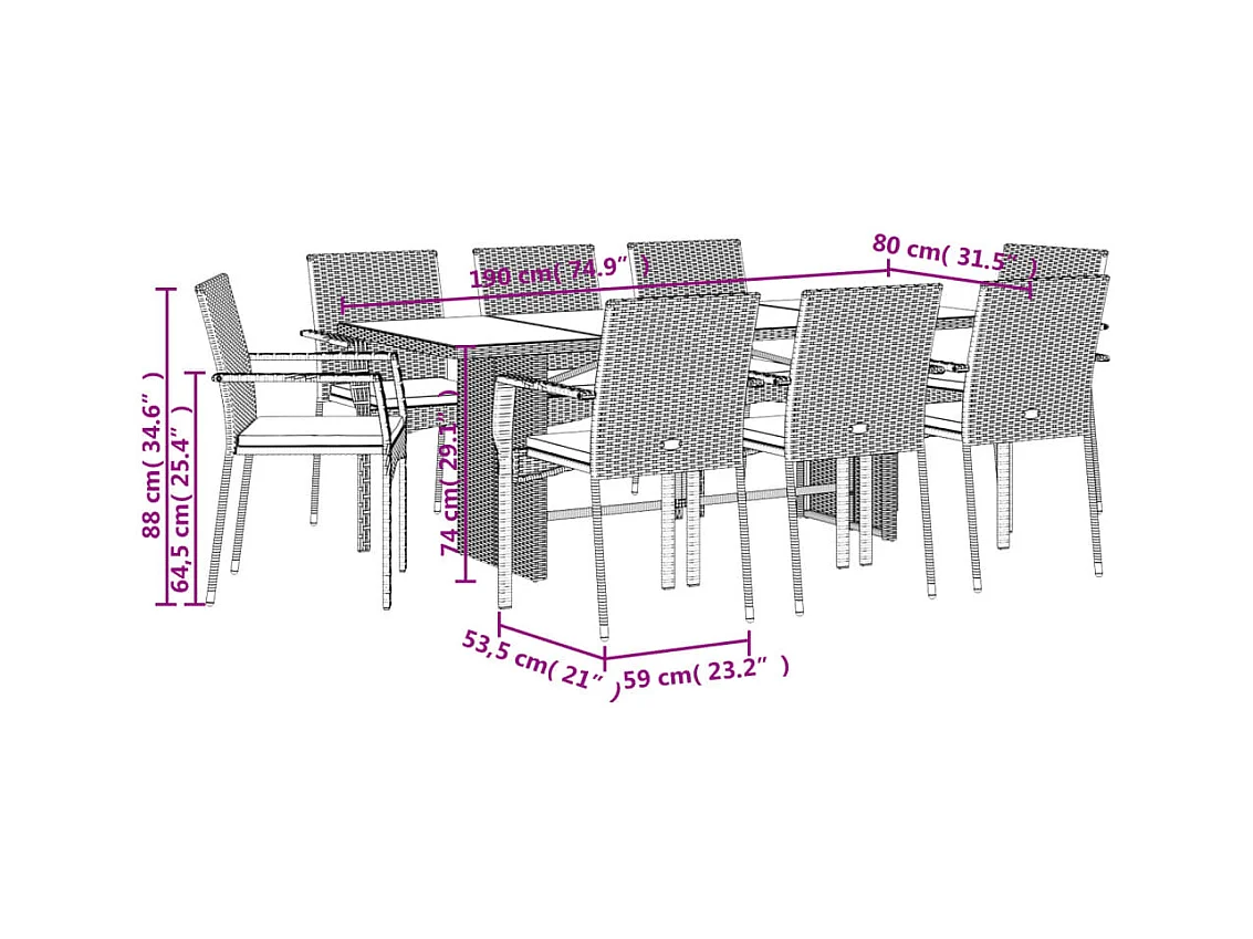 Ensemble à manger de jardin 9pcs coussins noir résine tressée