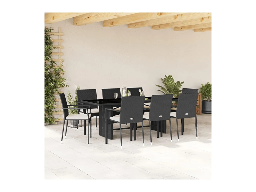 9-tlg. Garten-Essgruppe mit Kissen Schwarz Poly Rattan