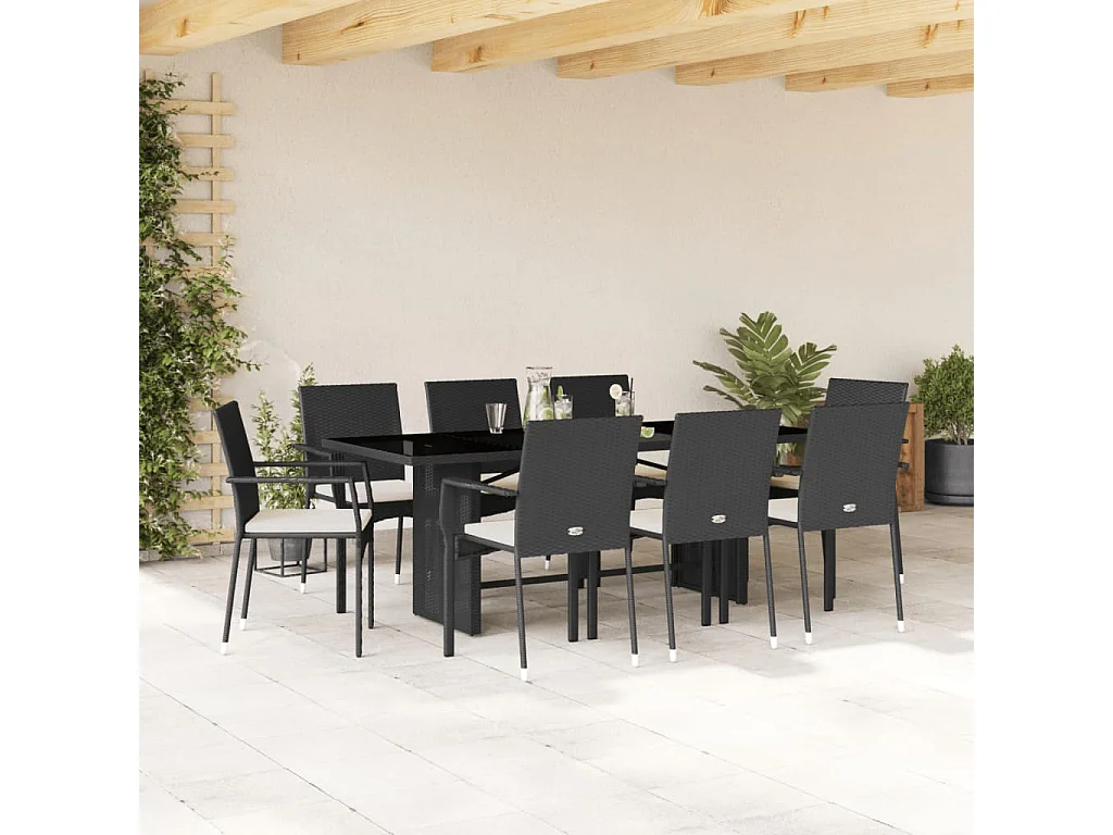 Ensemble à manger de jardin 9pcs coussins noir résine tressée