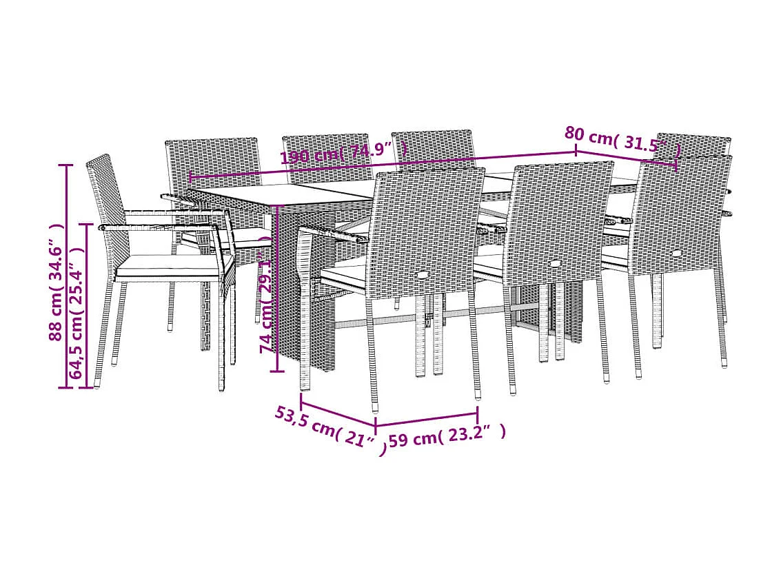 Ensemble à manger de jardin 9pcs coussins noir résine tressée