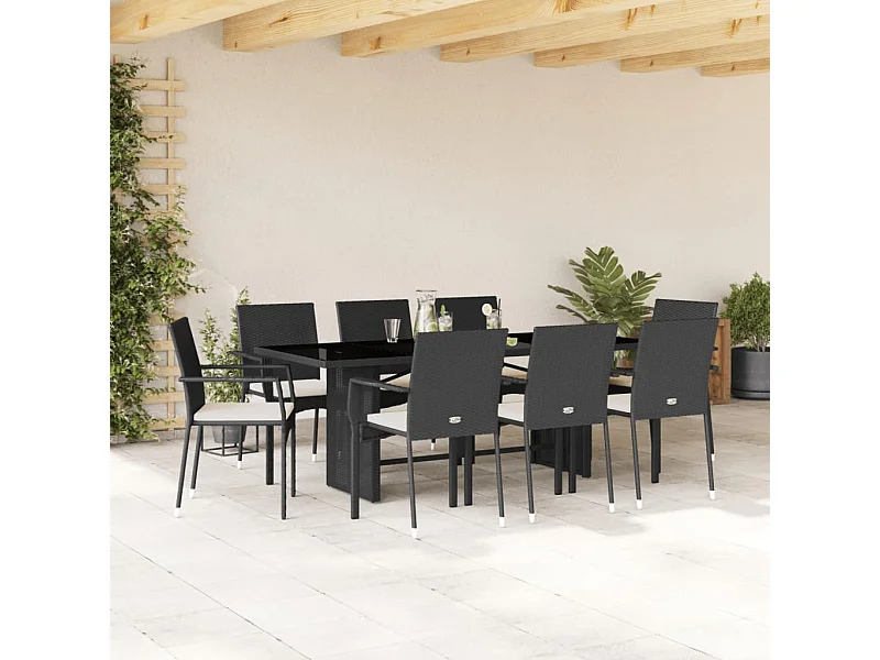 Ensemble à manger de jardin 9pcs coussins noir résine tressée