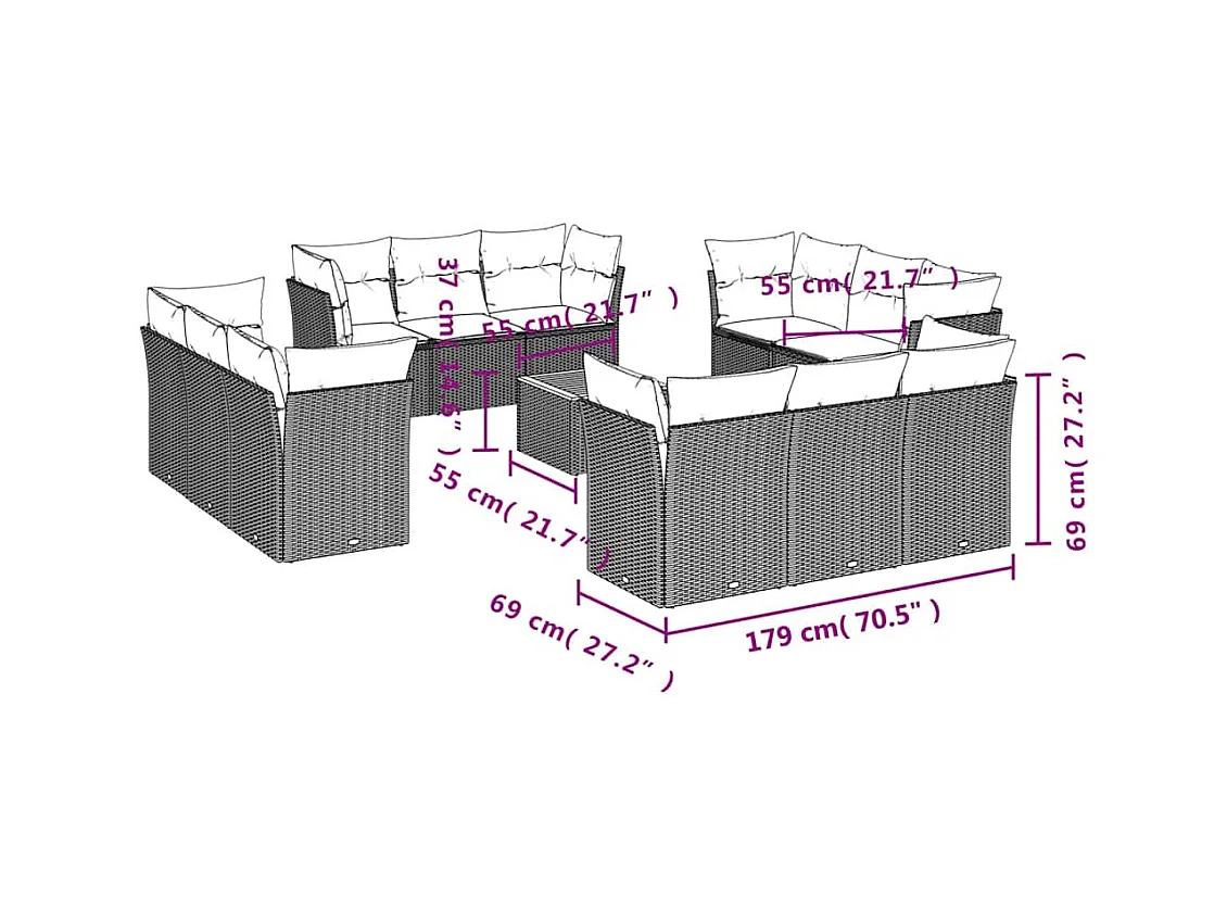 13-delige Loungeset met kussens poly rattan grijs