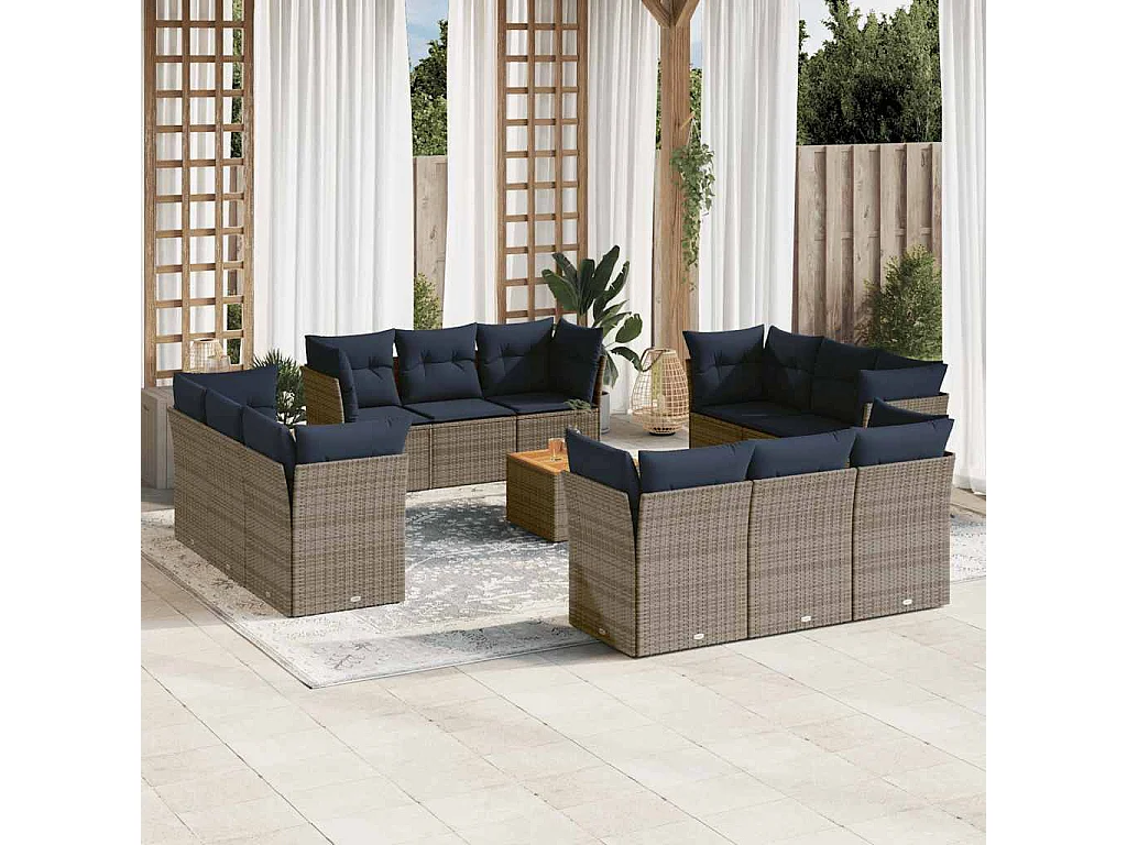 Salon de jardin avec coussins 13 pcs gris résine tressée