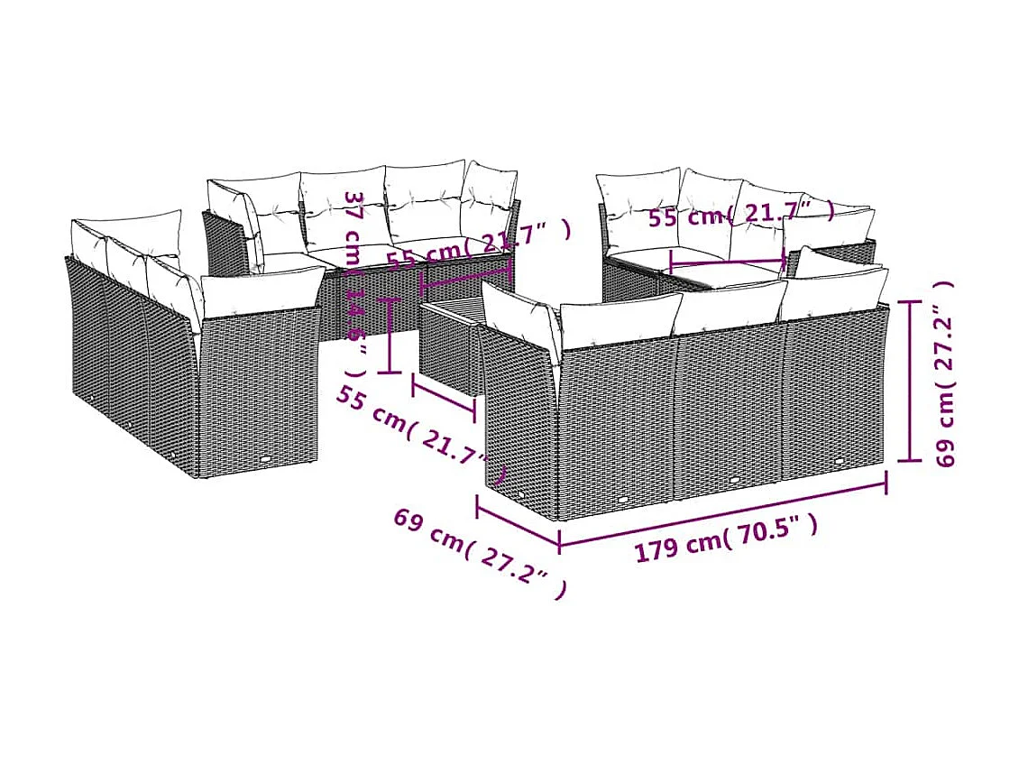 Salon de jardin avec coussins 13 pcs gris résine tressée