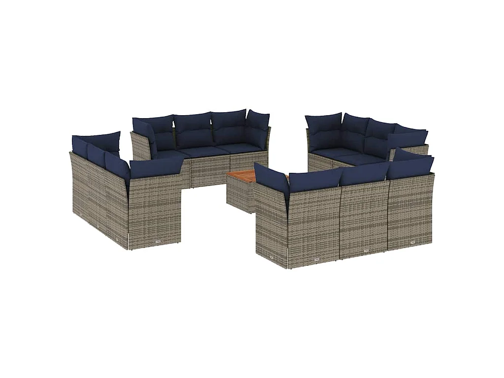 13 pcs conjunto sofás p/ jardim c/ almofadões vime PE cinzento