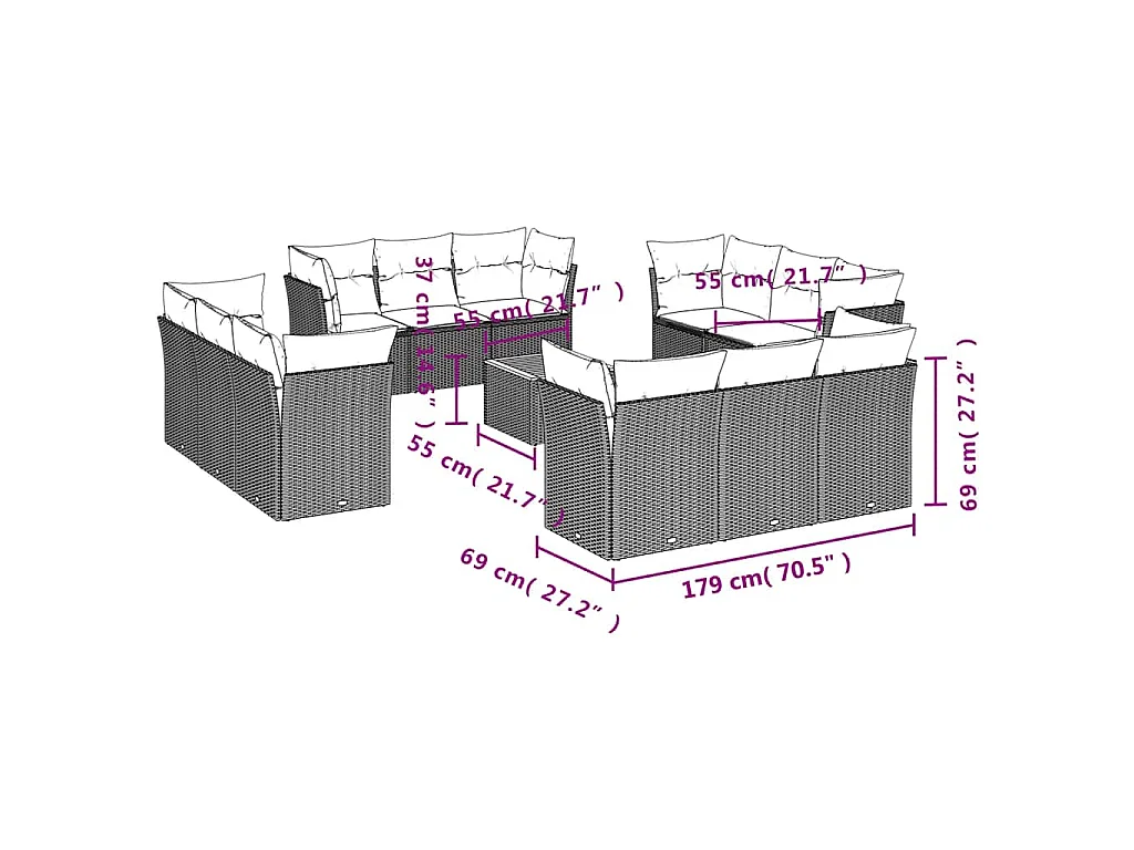 13 pcs conjunto sofás p/ jardim c/ almofadões vime PE cinzento