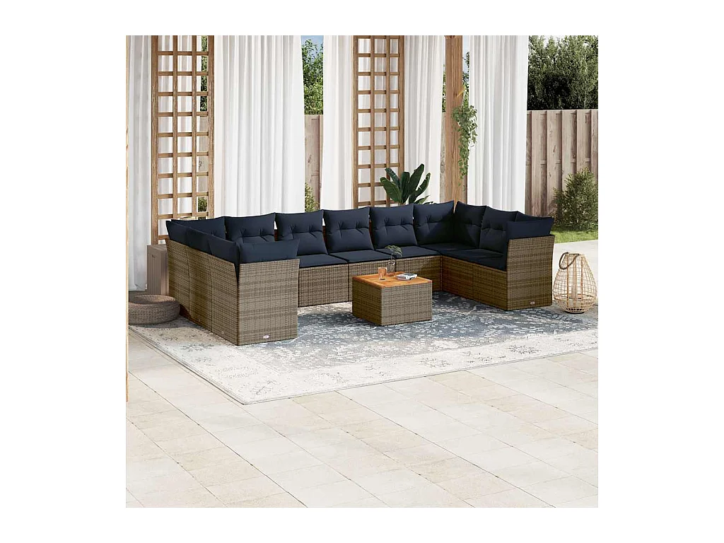 Set de sofás de jardín 11 pzas y cojines ratán sintético gris