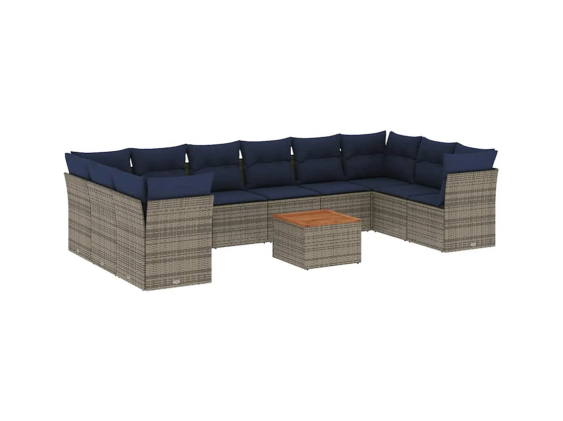 Set de sofás de jardín 11 pzas y cojines ratán sintético gris