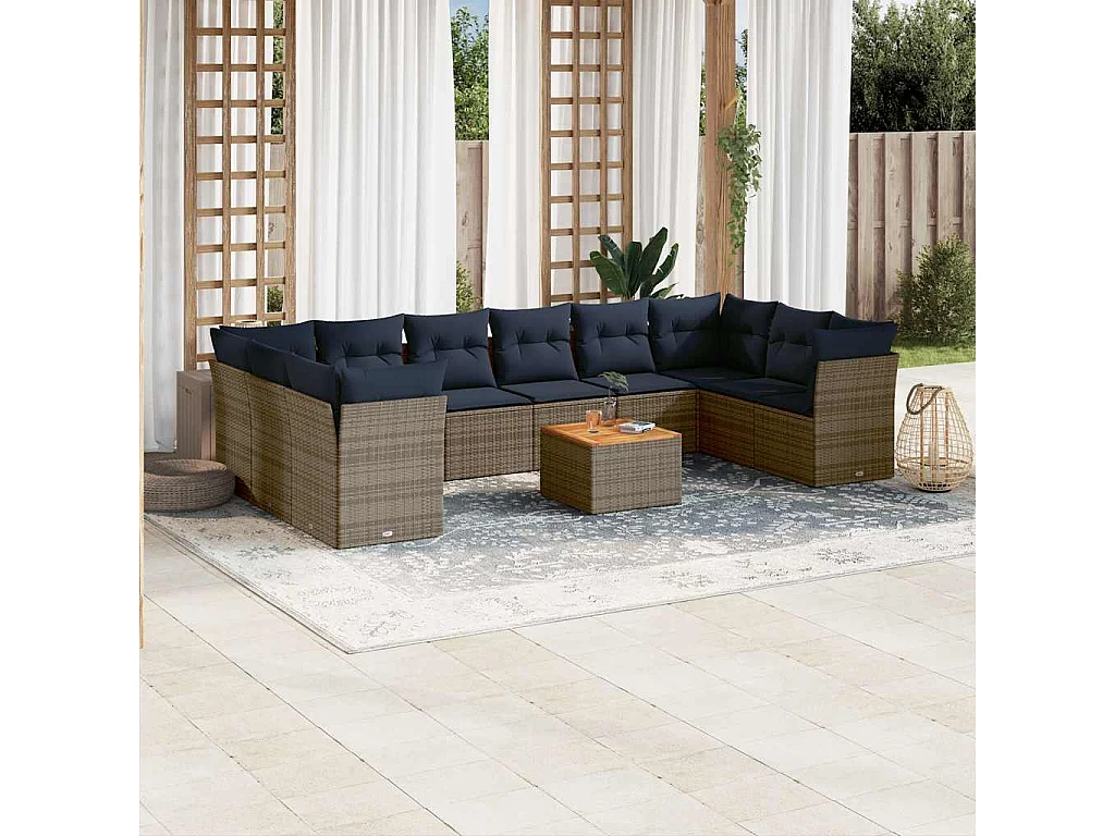 11-tlg. Garten-Sofagarnitur mit Kissen Grau Poly Rattan