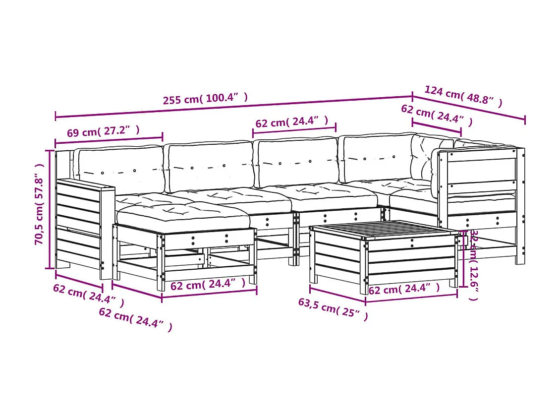 Salon de jardin 7 pcs avec coussins bois de pin imprégné