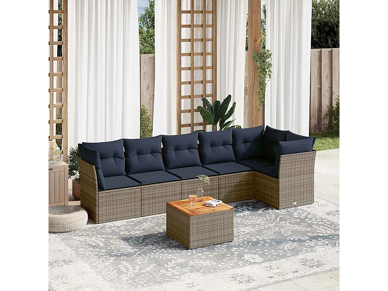 7-tlg. Garten-Sofagarnitur mit Kissen Grau Poly Rattan