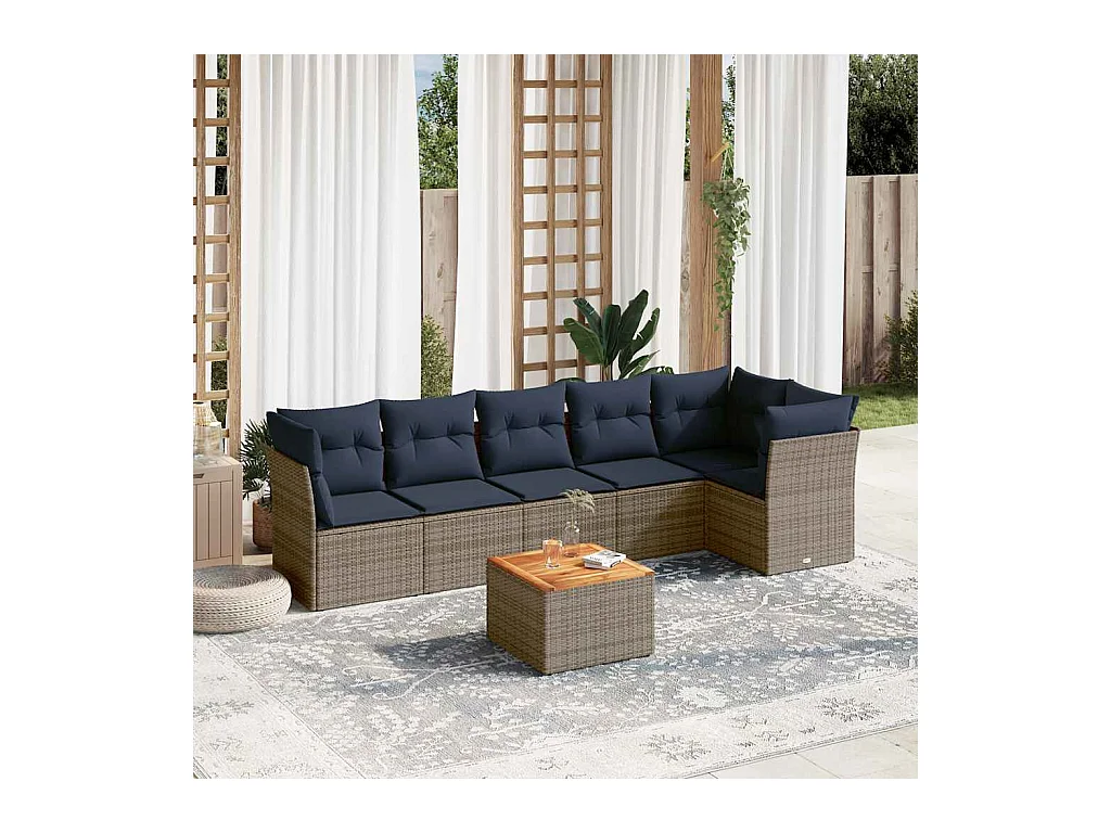 Salon de jardin 7 pcs avec coussins gris résine tressée