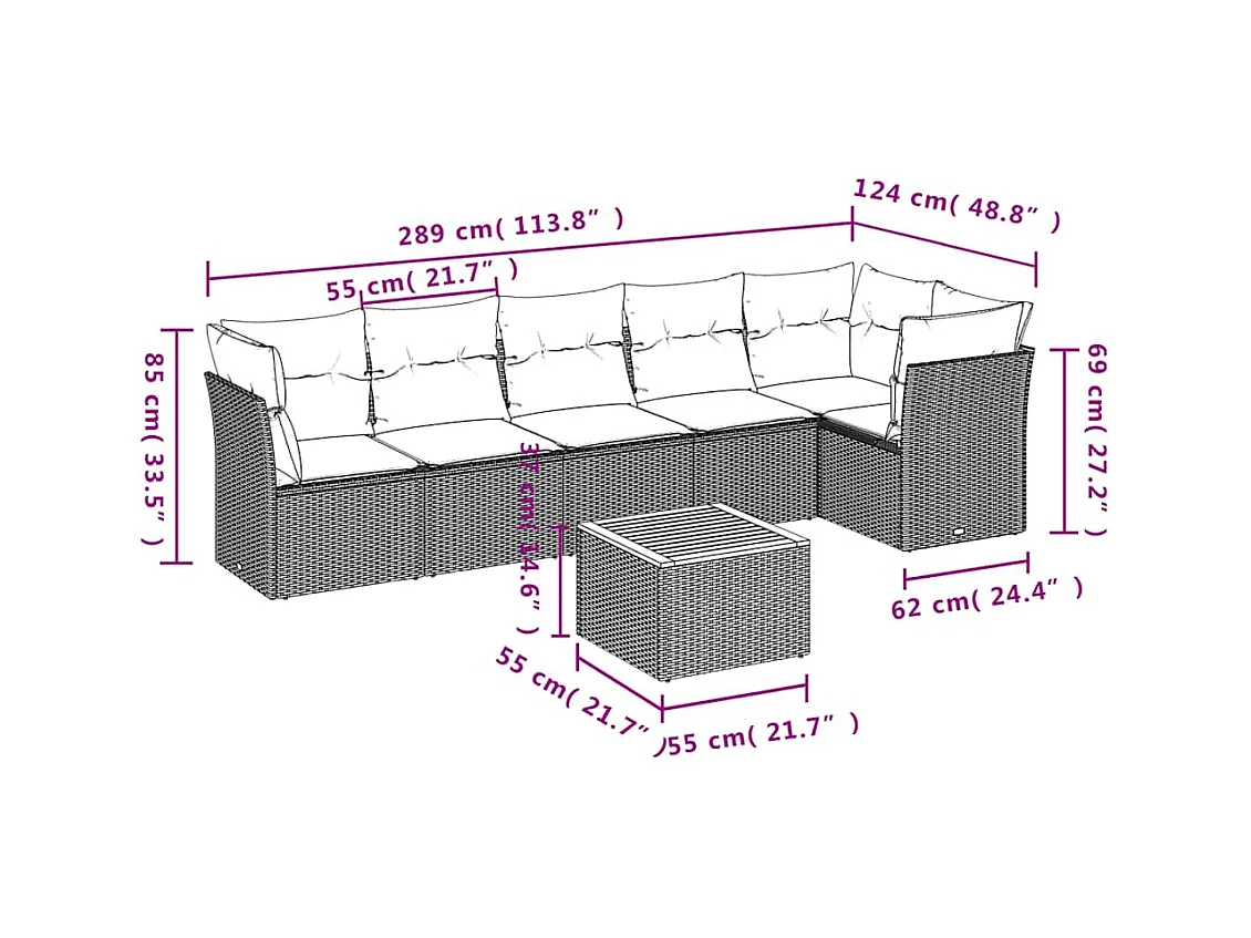 Salon de jardin 7 pcs avec coussins gris résine tressée