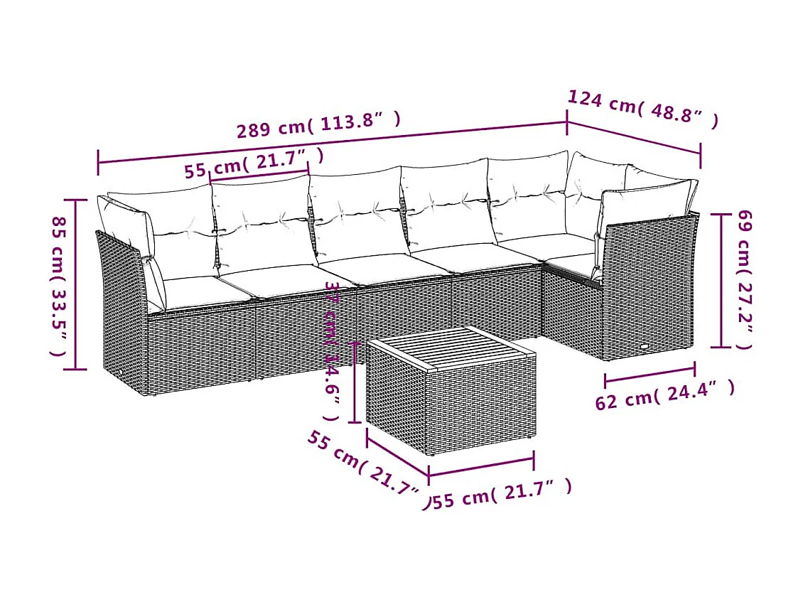 Salon de jardin 7 pcs avec coussins gris résine tressée