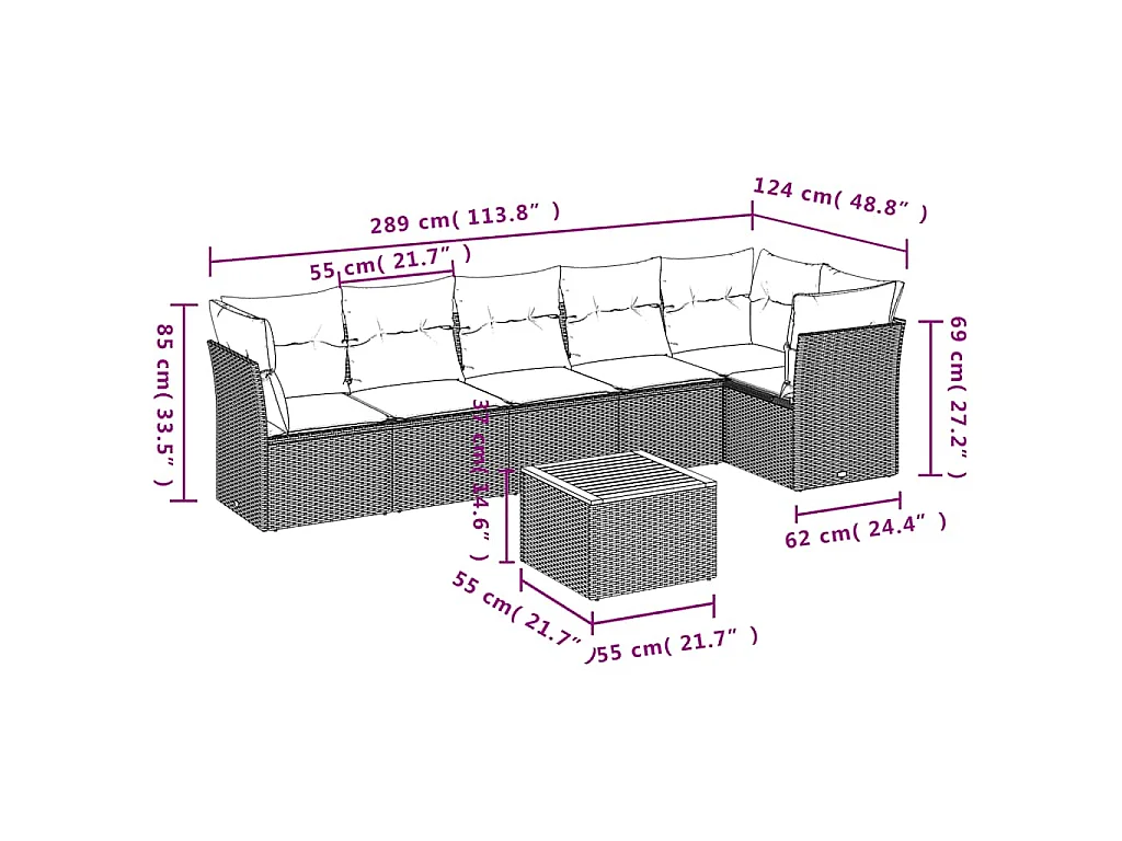 7-tlg. Garten-Sofagarnitur mit Kissen Grau Poly Rattan