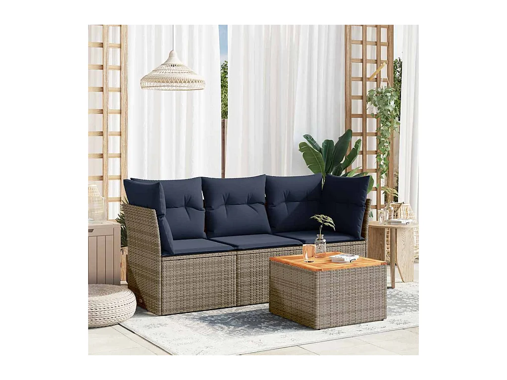 Salon de jardin 4 pcs avec coussins gris résine tressée