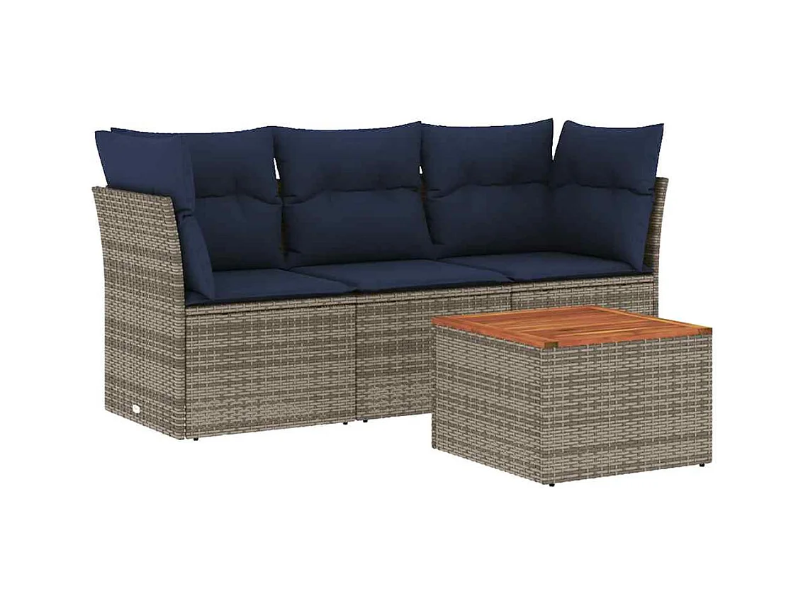 Salon de jardin 4 pcs avec coussins gris résine tressée
