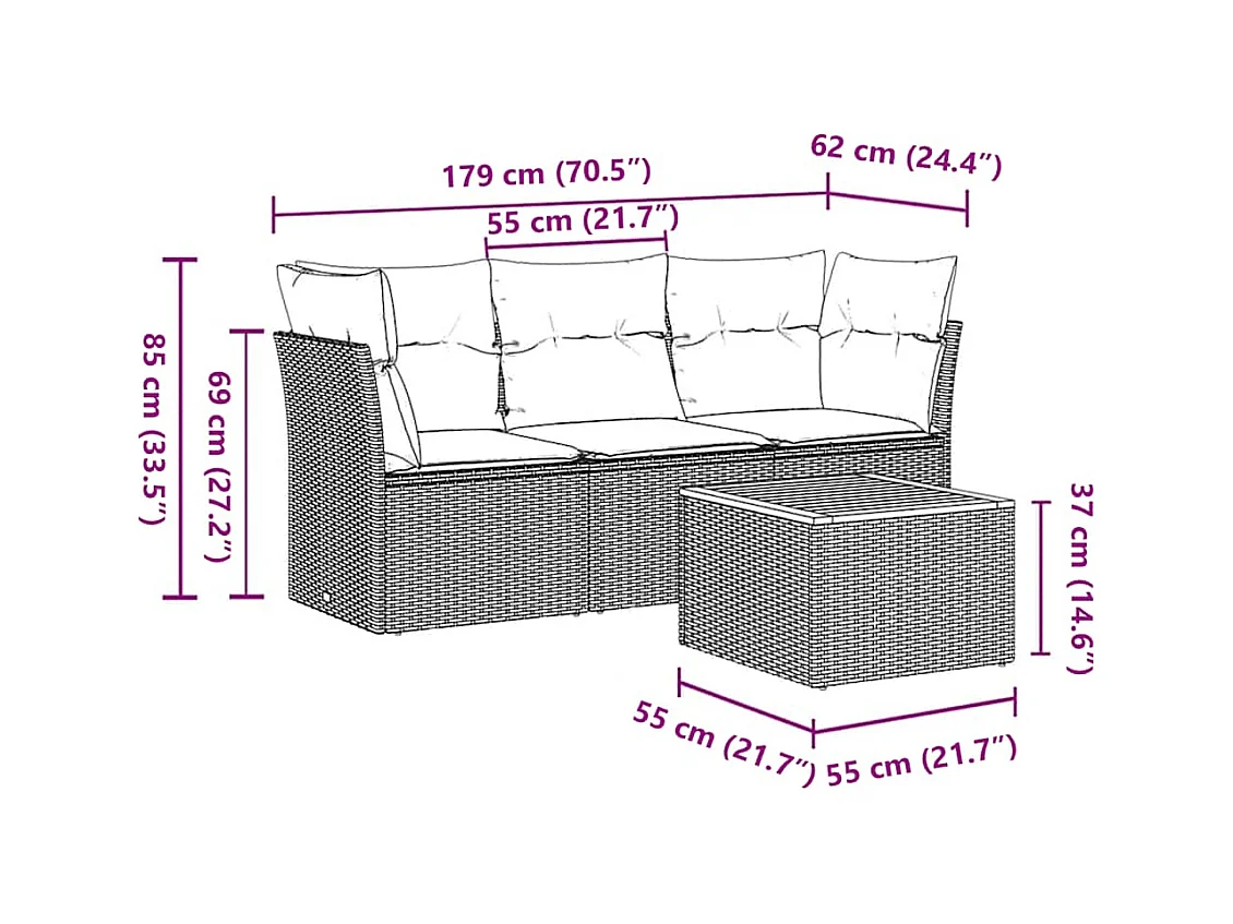 Salon de jardin 4 pcs avec coussins gris résine tressée