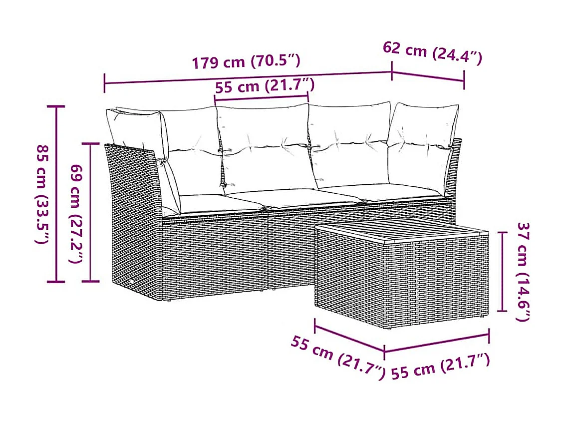 Salon de jardin 4 pcs avec coussins gris résine tressée