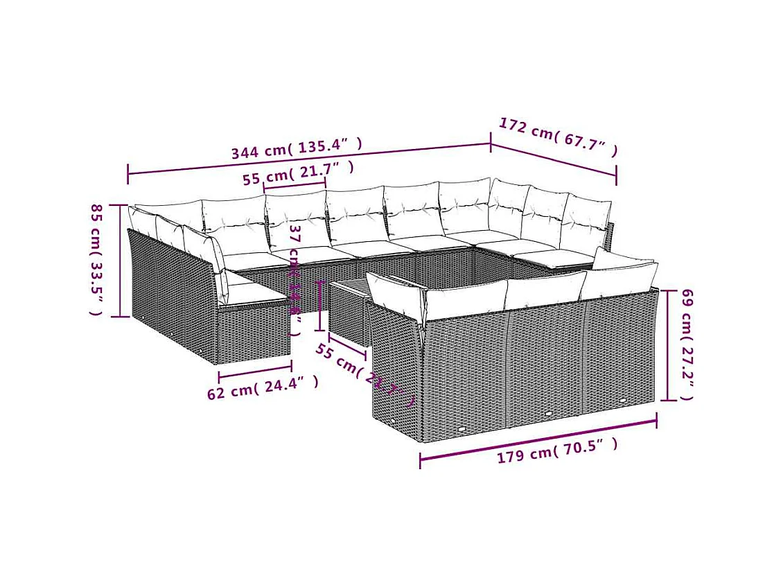 14-delige Loungeset met kussens poly rattan grijs