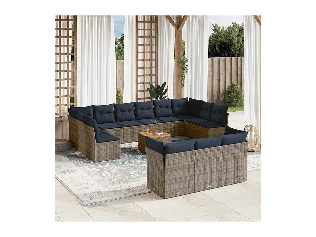 Salon de jardin avec coussins 14 pcs gris résine tressée