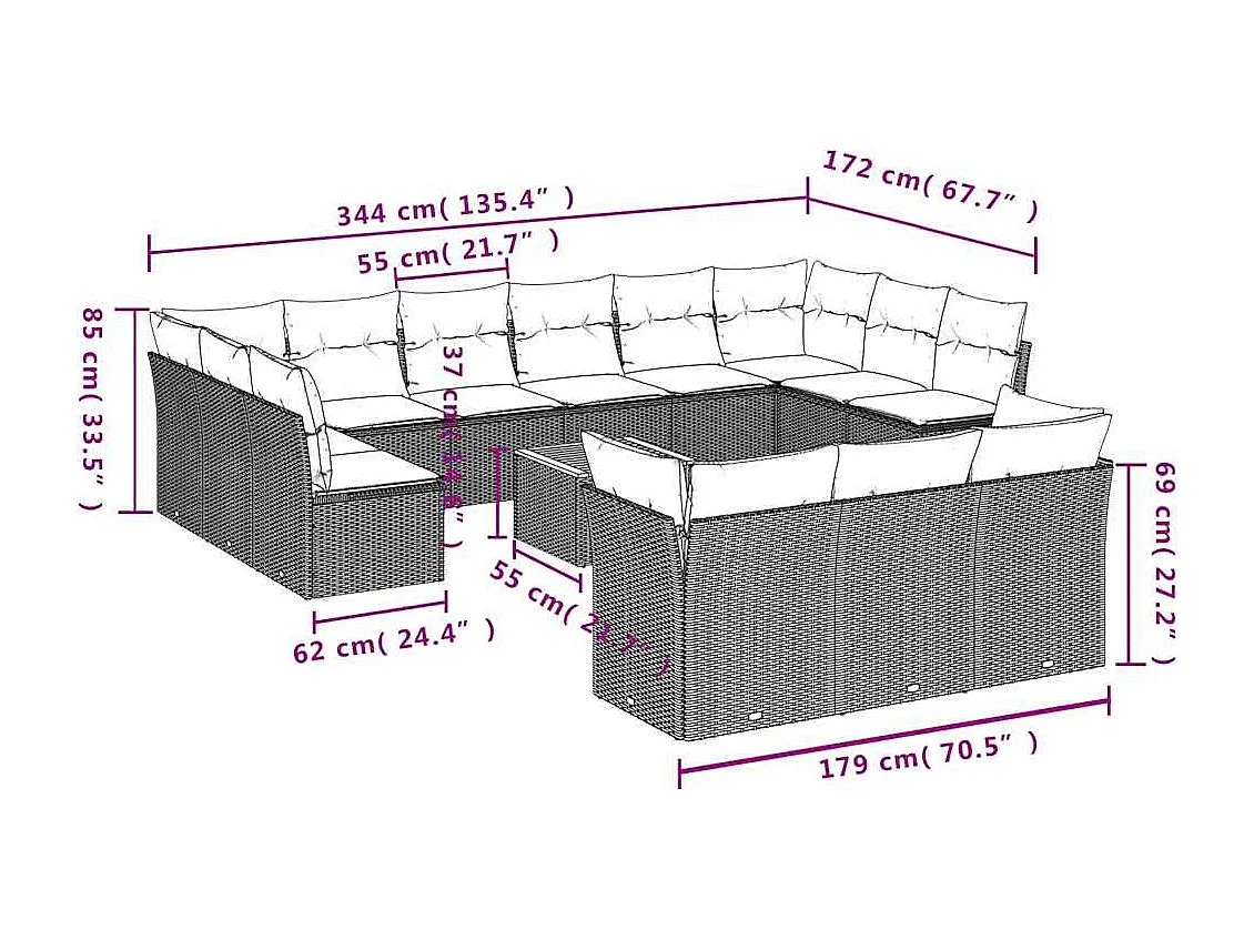 Salon de jardin avec coussins 14 pcs gris résine tressée