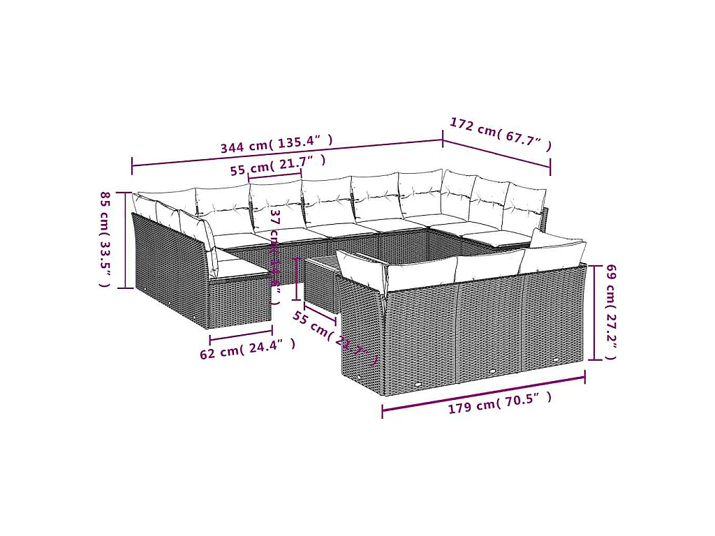 Set Divani da Giardino 14pz con Cuscini in Polyrattan Grigio