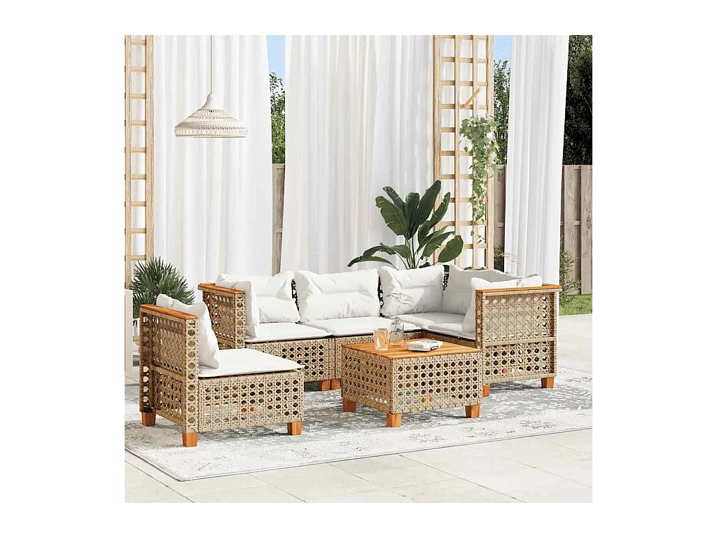 6 pcs conjunto de sofás p/ jardim com almofadões vime PE bege
